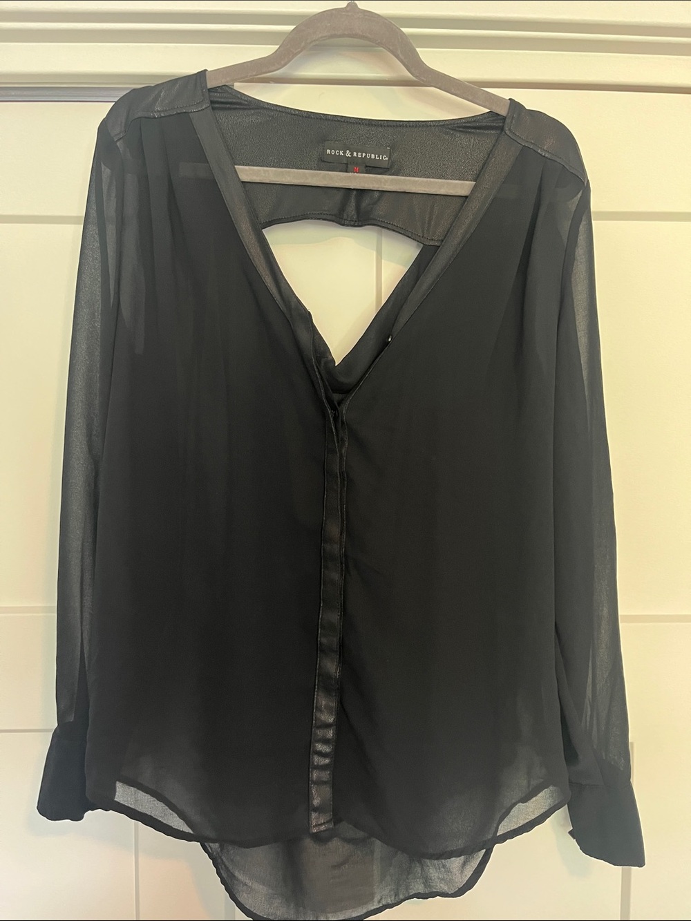 Rock & Republic Black Sheer V-Neck Long-Sleeve Blouse